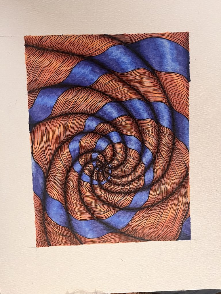 Spiral of wavy orange and blue bands with black lines, suggesting motion and depth on textured white paper.