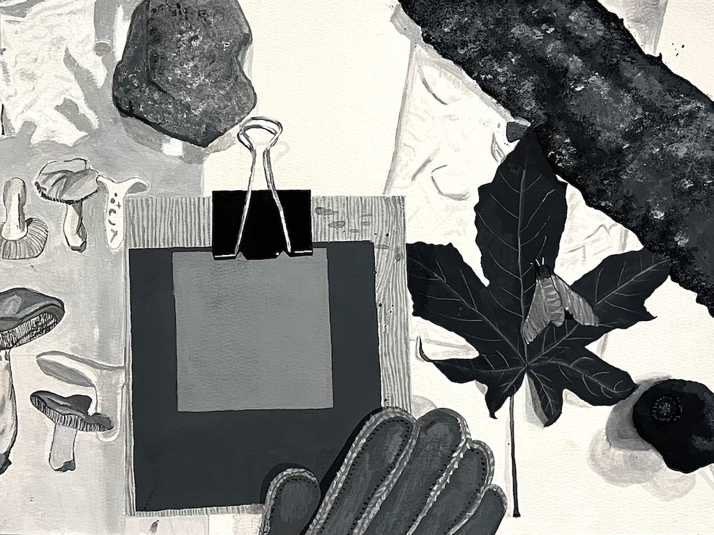 Black and white collage of a clip-on note, a large leaf with a moth, mushrooms, a stone, and a glove.