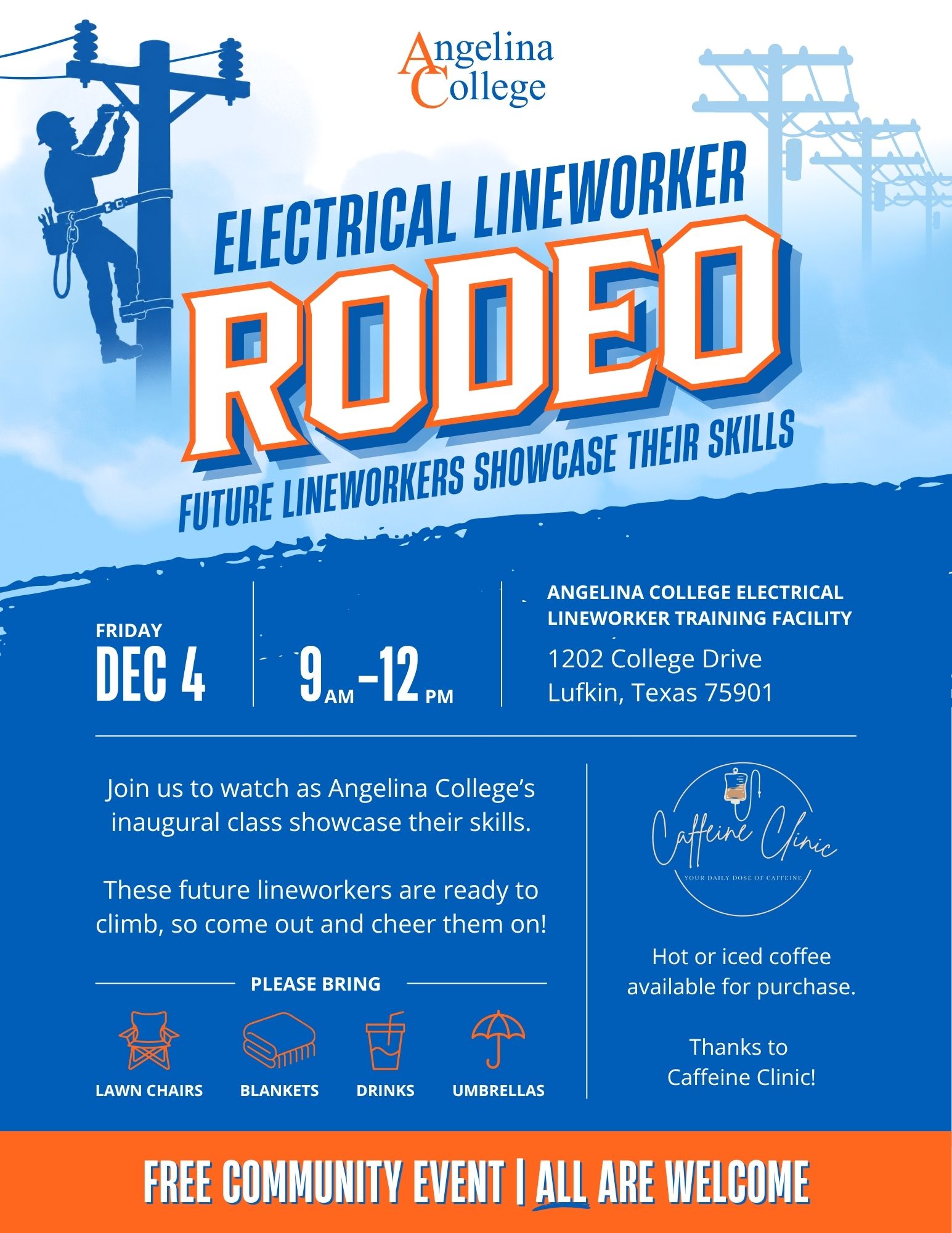 Angelina College Electrical Lineworker Rodeo flyer: Friday, December 4, 9 a.m. to 12 p.m.