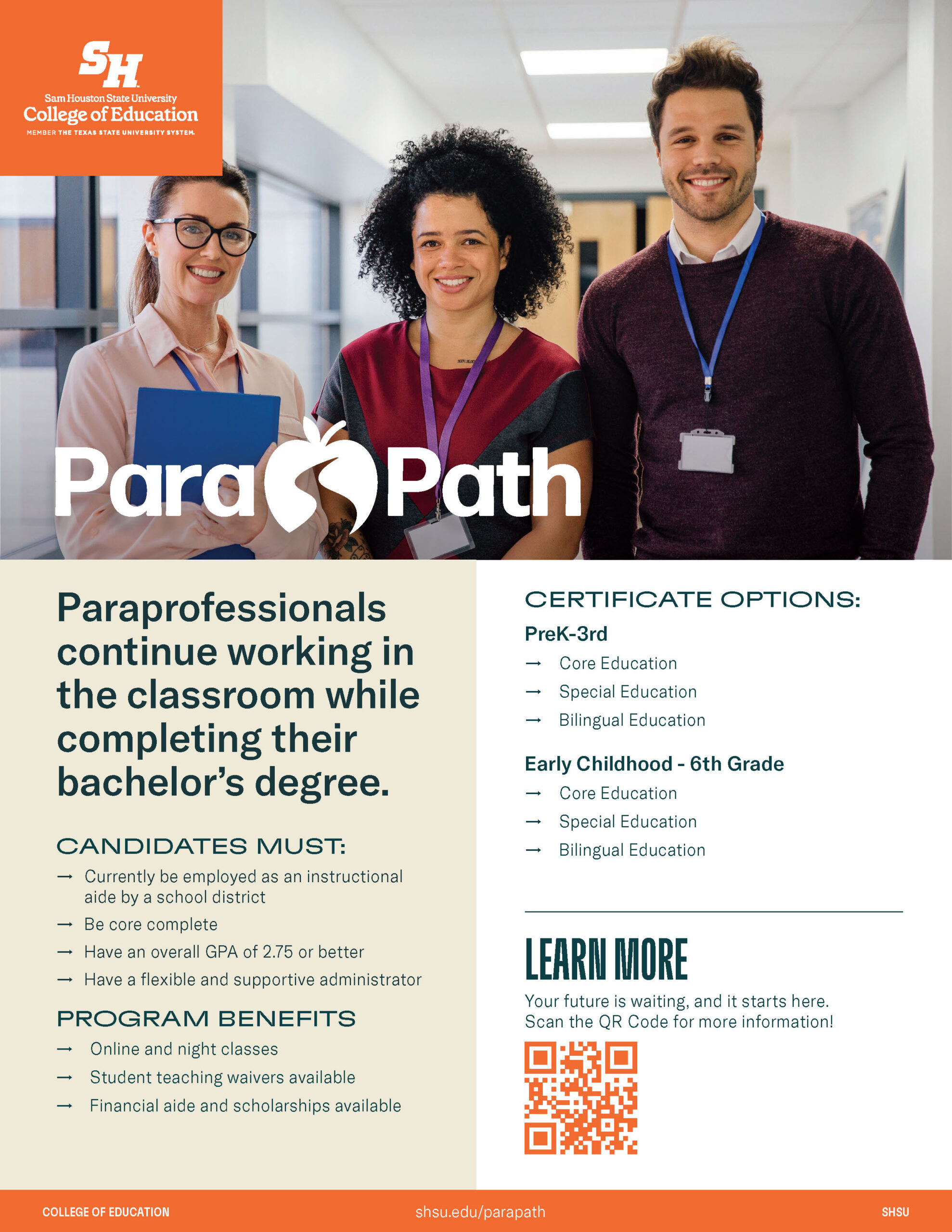 Sam Houston State University College of Education ParaPath flyer, detailing candidate requirements, certification, and QR code.