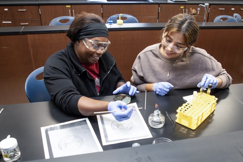 Two women in goggles and gloves smile as they collaborate with petri dishes and lab equipment at a black laboratory table.
