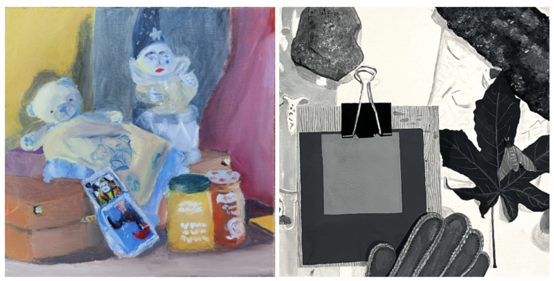 A side-by-side view: a painting of toys and jars, and a collage of a black leaf, a glove, and a binder clip.